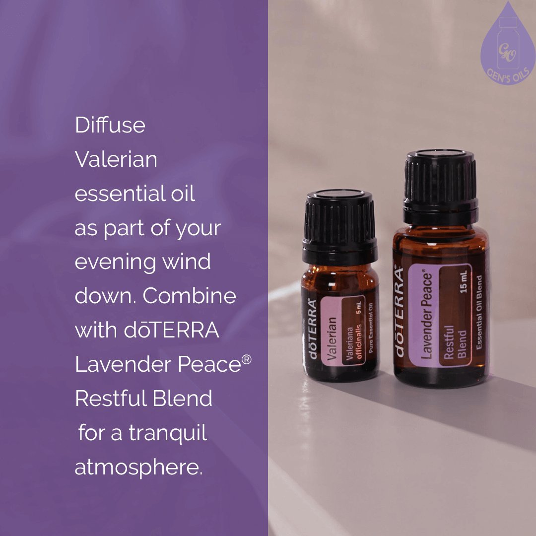 Valerian & Lavender Peace essential oils. Text reads: Diffuse Valerian essential oil as part of your evening wind down. Combine with Lavender Peace Restful Blend for a tranquil atmosphere.