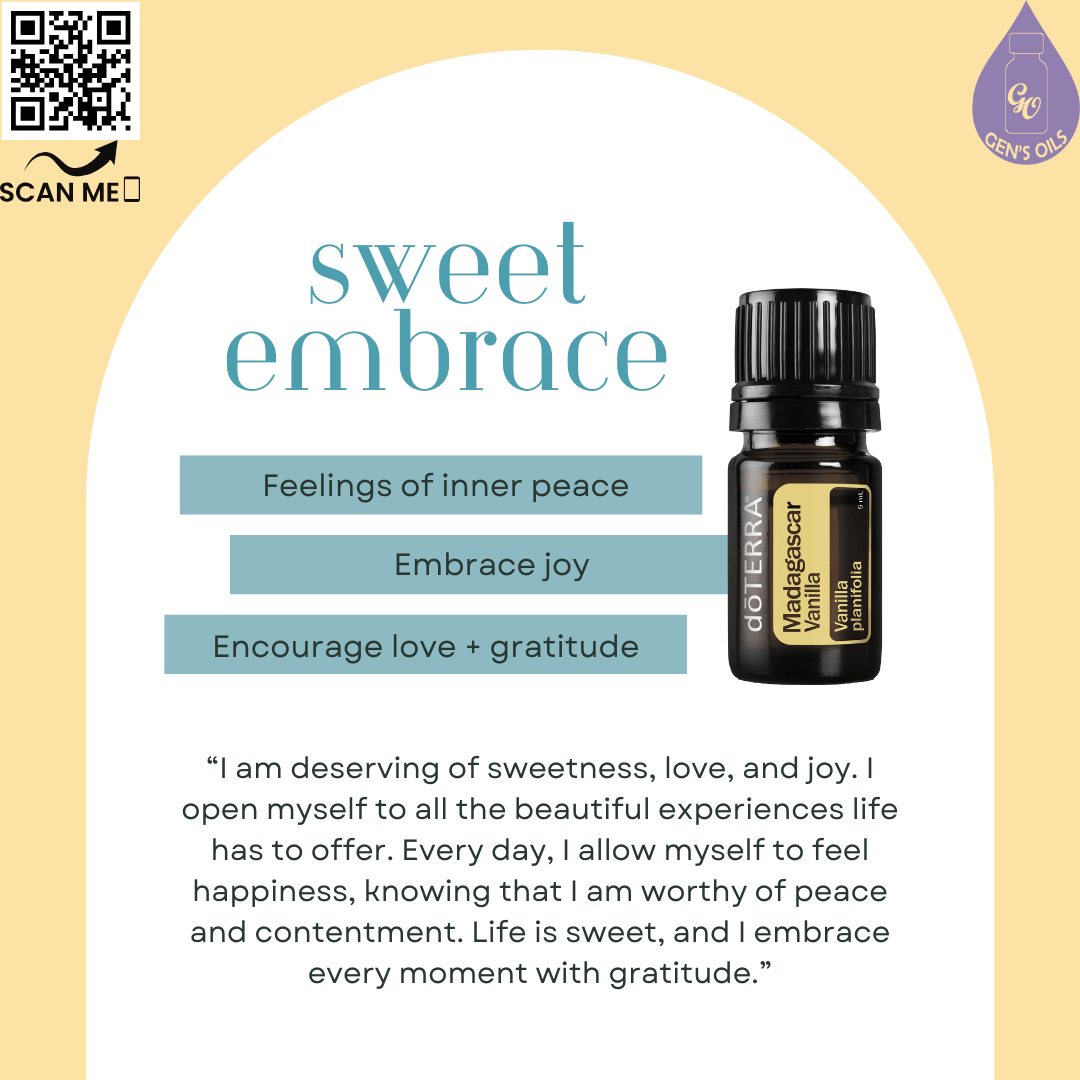 Vanilla: Sweet Embrace affirmation. The QR code opens a link to purchase Madagascar Vanilla essential oil.