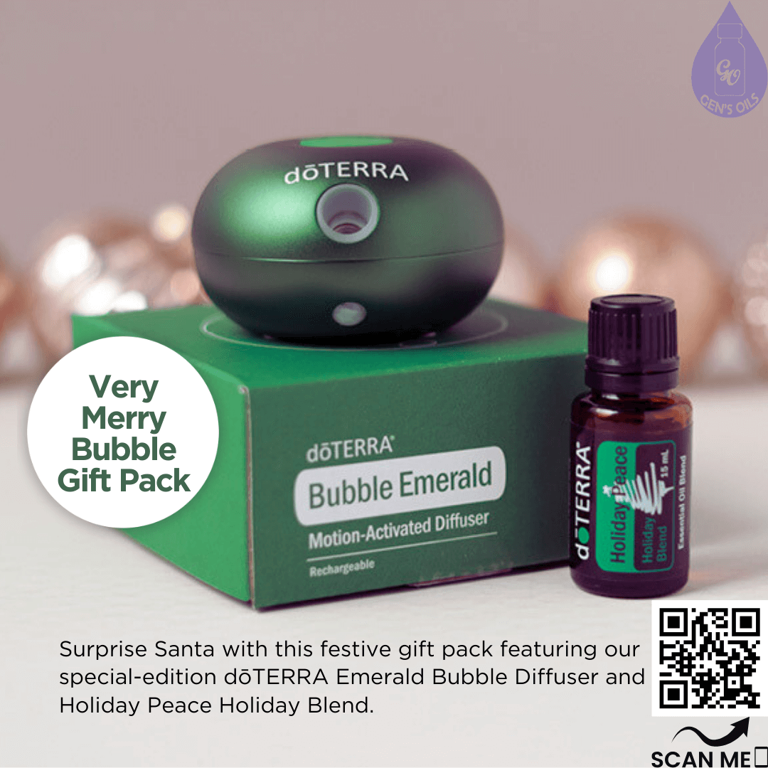 Bubble Diffuser on top of it's box with a bottle of Holiday Peace essential oil beside it. The QR code opens a link to purchase this gift pack.