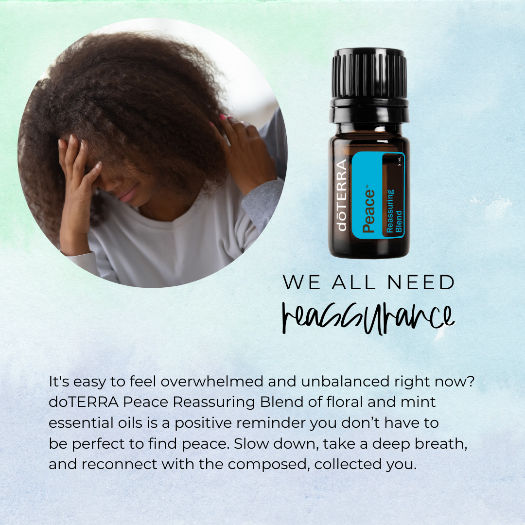 A woman with her head in her hands. Beside her is a bottle of doTERRA Peace with the words 'we all need head balance' underneath. 