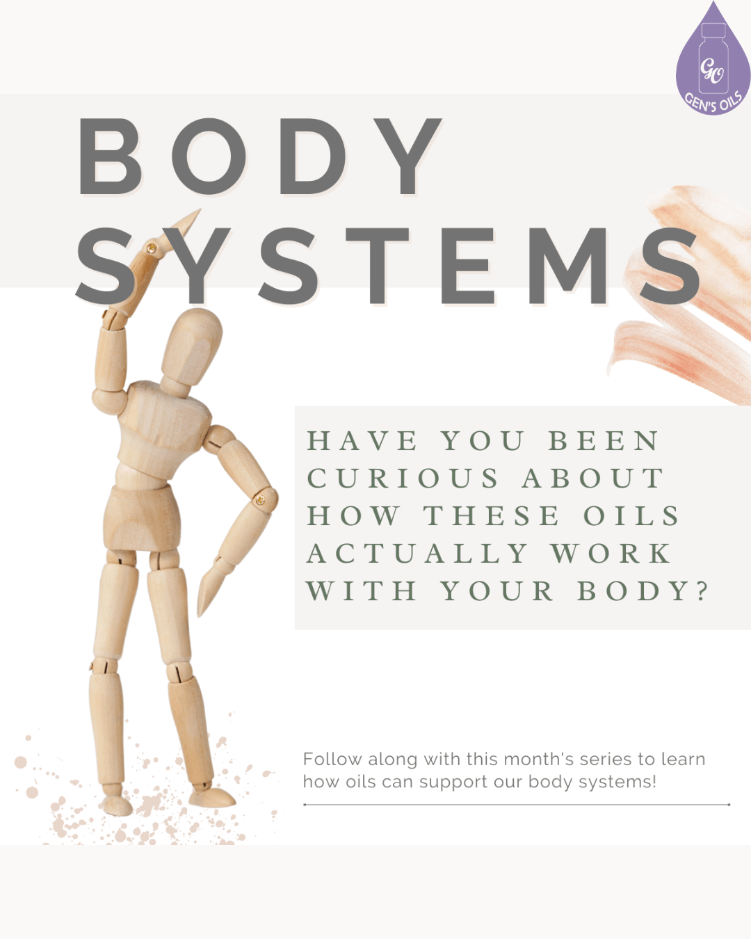 "BODY SYSTEMS" is displayed prominently. A wooden mannequin is positioned to the left, with text asking "HAVE YOU BEEN CURIOUS ABOUT HOW THESE OILS ACTUALLY WORK WITH YOUR BODY?" 
