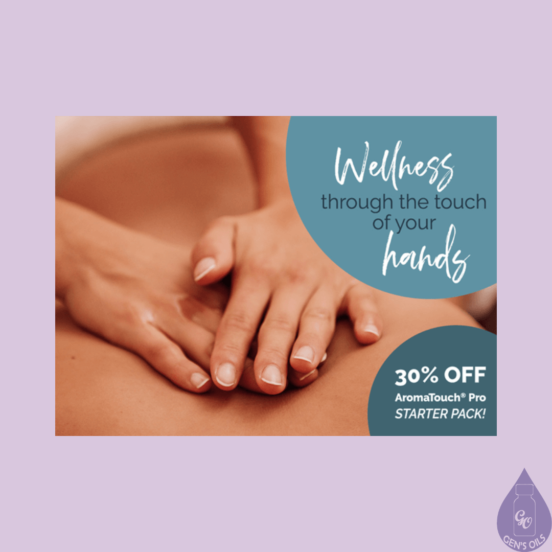 Hands giving an AromaTouch Technique. Text reads "wellness through the touch of your hands", "30% off AromaTouch Pro Starter Pack".