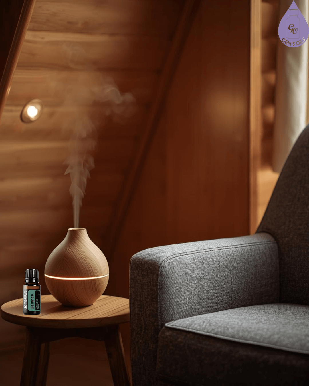 Balance essential oil diffusing beside a comfy chair.