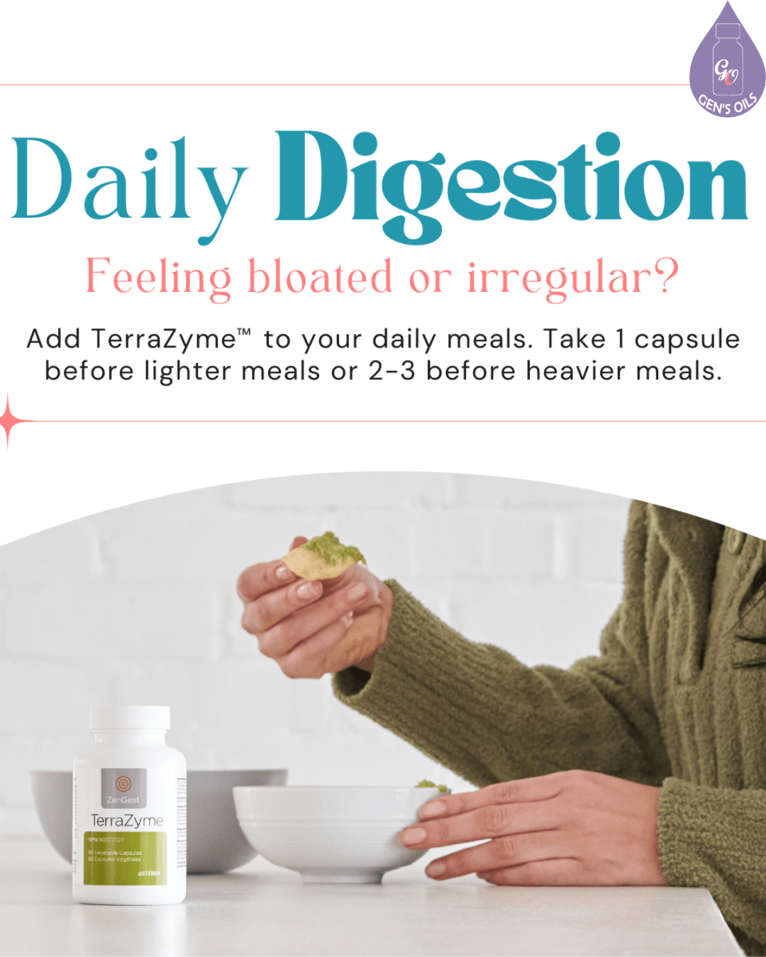 A bottle of TerraZyme digestive supplement is shown next to bowls on a table, with a person holding a cracker with dip to their mouth.