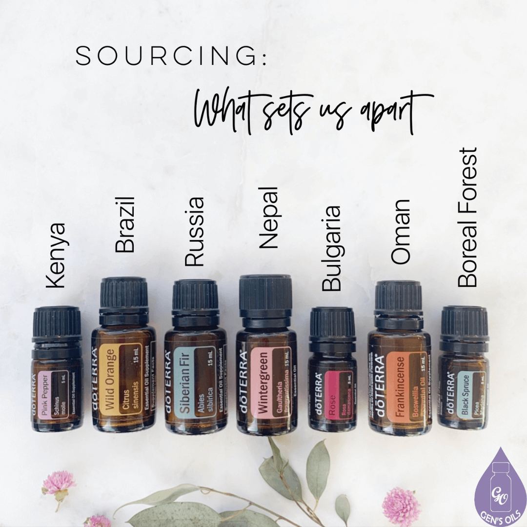 Sourced: What sets us apart? A row of essential oils with the country the are sourced from.