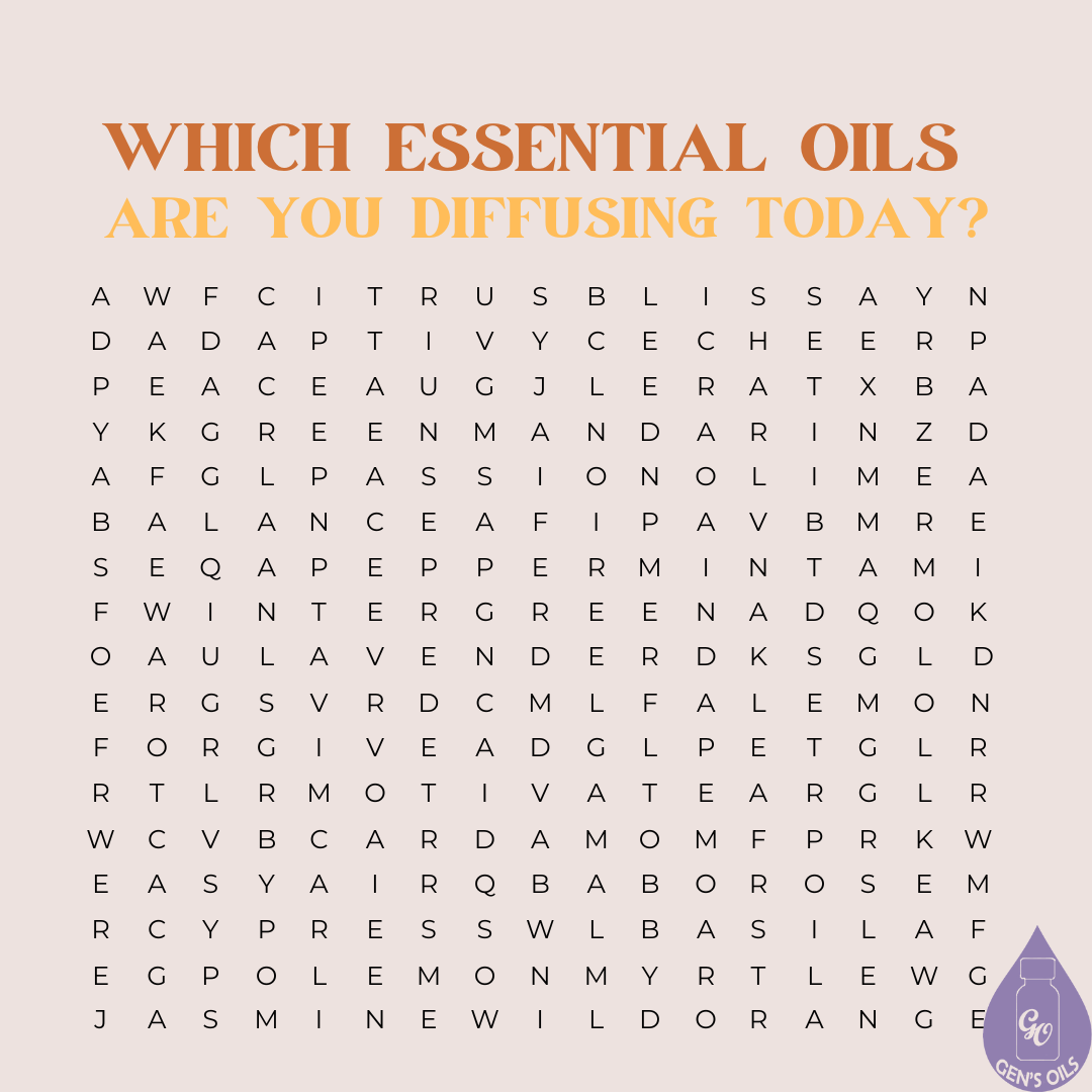 A grid of letters, with the names of oils throughout