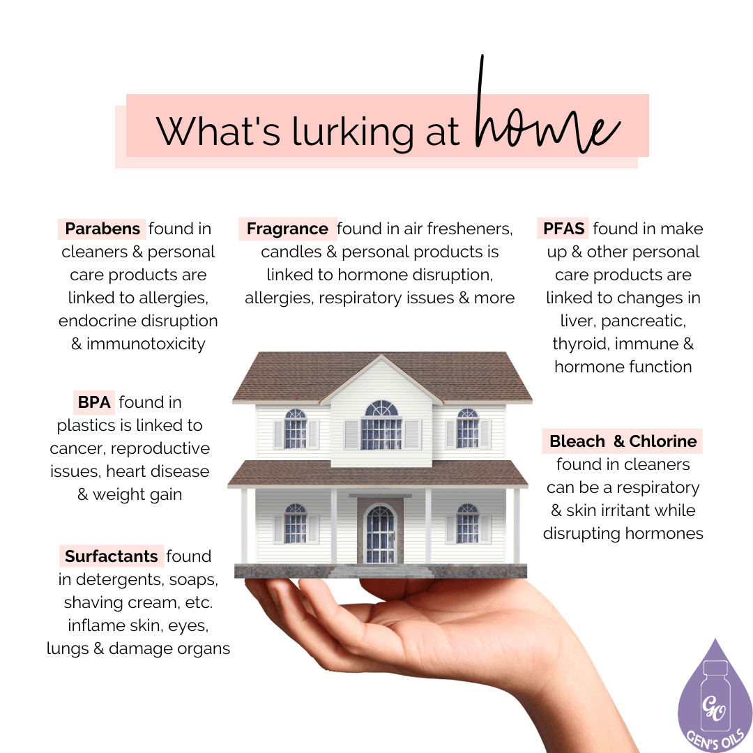 What's Lurking at Home. An image of a house, surrounded by text describing the nasties lurking in our homes.