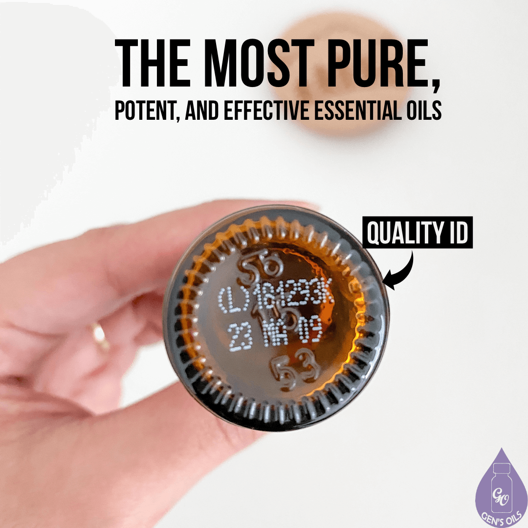 The most pure, potent & effective essential oils. A hand holding an essential bottle showing quality ID on the bottom