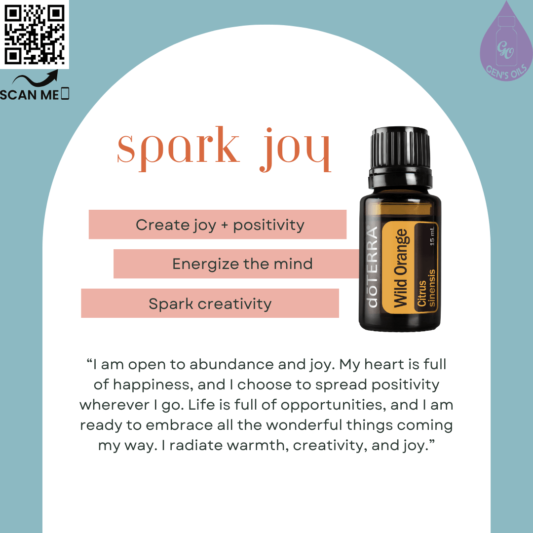 Wild Orange: Spark Joy affirmation. The QR code opens a link to purchase Wild Orange essential oil.
