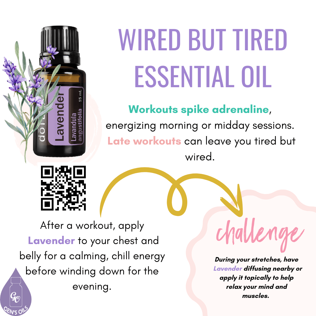 Wired but Tired Essential Oil, with a bottle of Lavender oil. The QR code opens a link to purchase Lavender oil