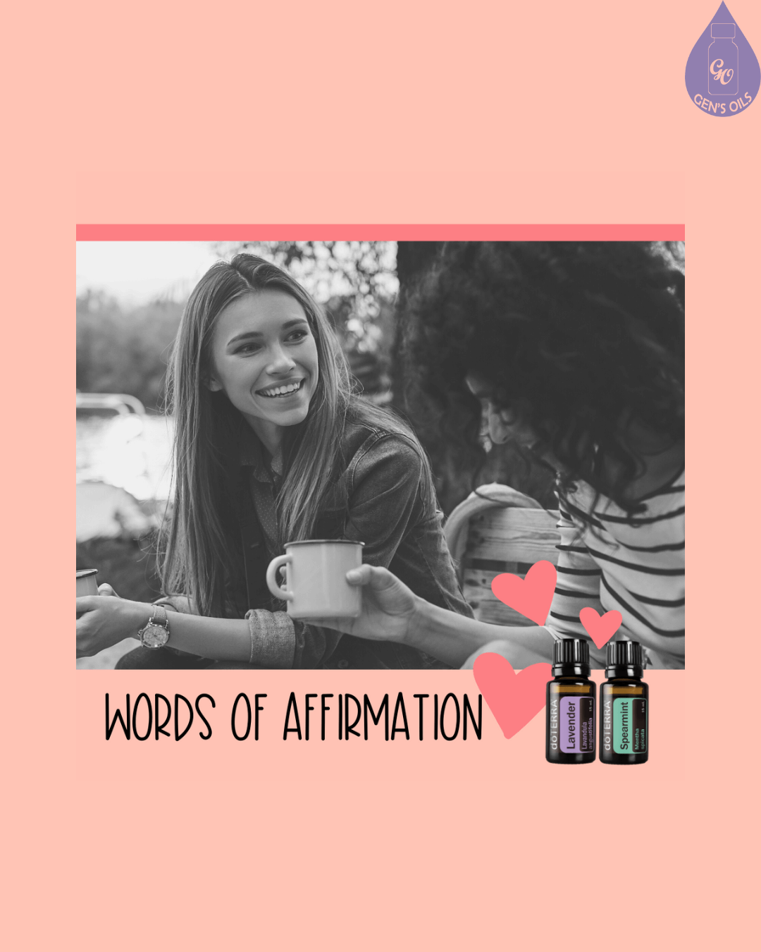 Two people sharing mugs and talking outdoors, with the text 