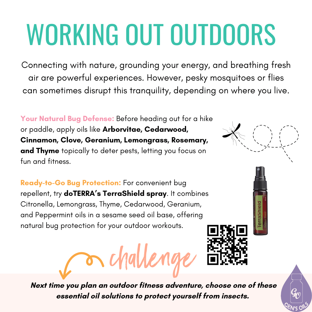 Working Out Outdoors with a bottle of TerraArmour spray. The QR code opens a link to purchase TerrArmour oil & spray