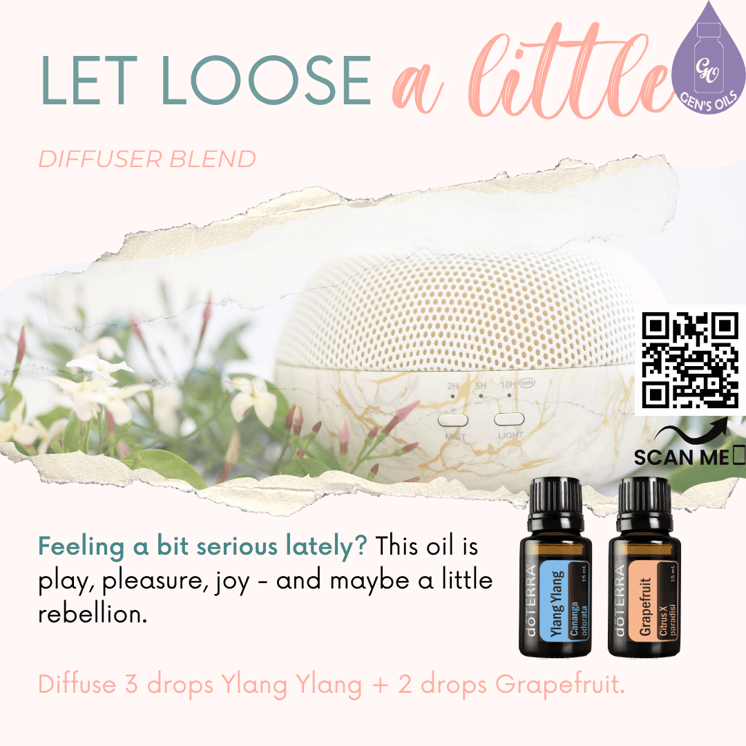 Let Loose a Little difuser blend. Scan the QR code to purchase Ylang Ylang & Grapefruit essential oils.
