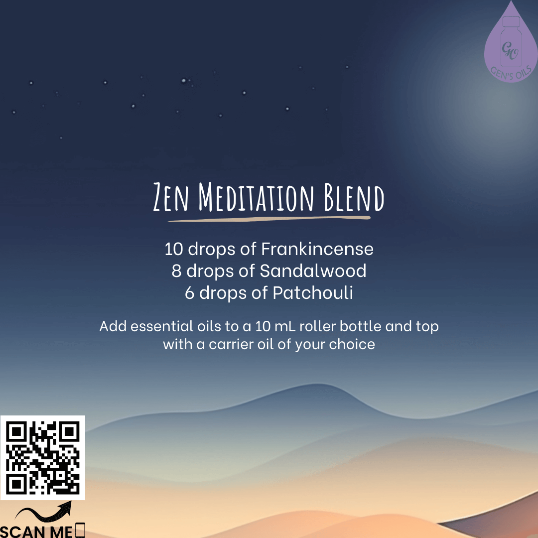 Zen Meditation Blend. The QR code opens a link to purchase the essential oils used in this blend.