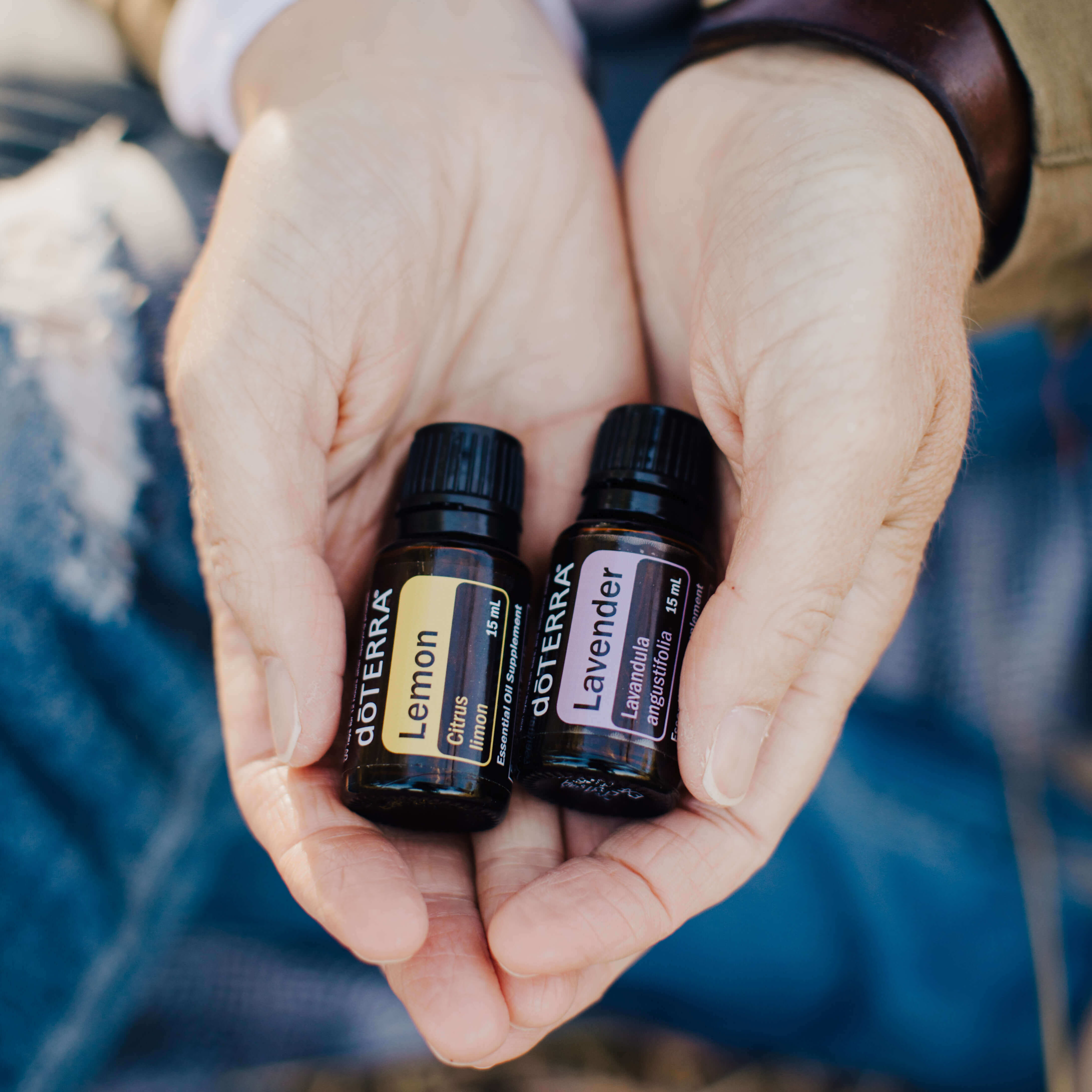 hands cupped together holding lemon and lavender essential oil bottles