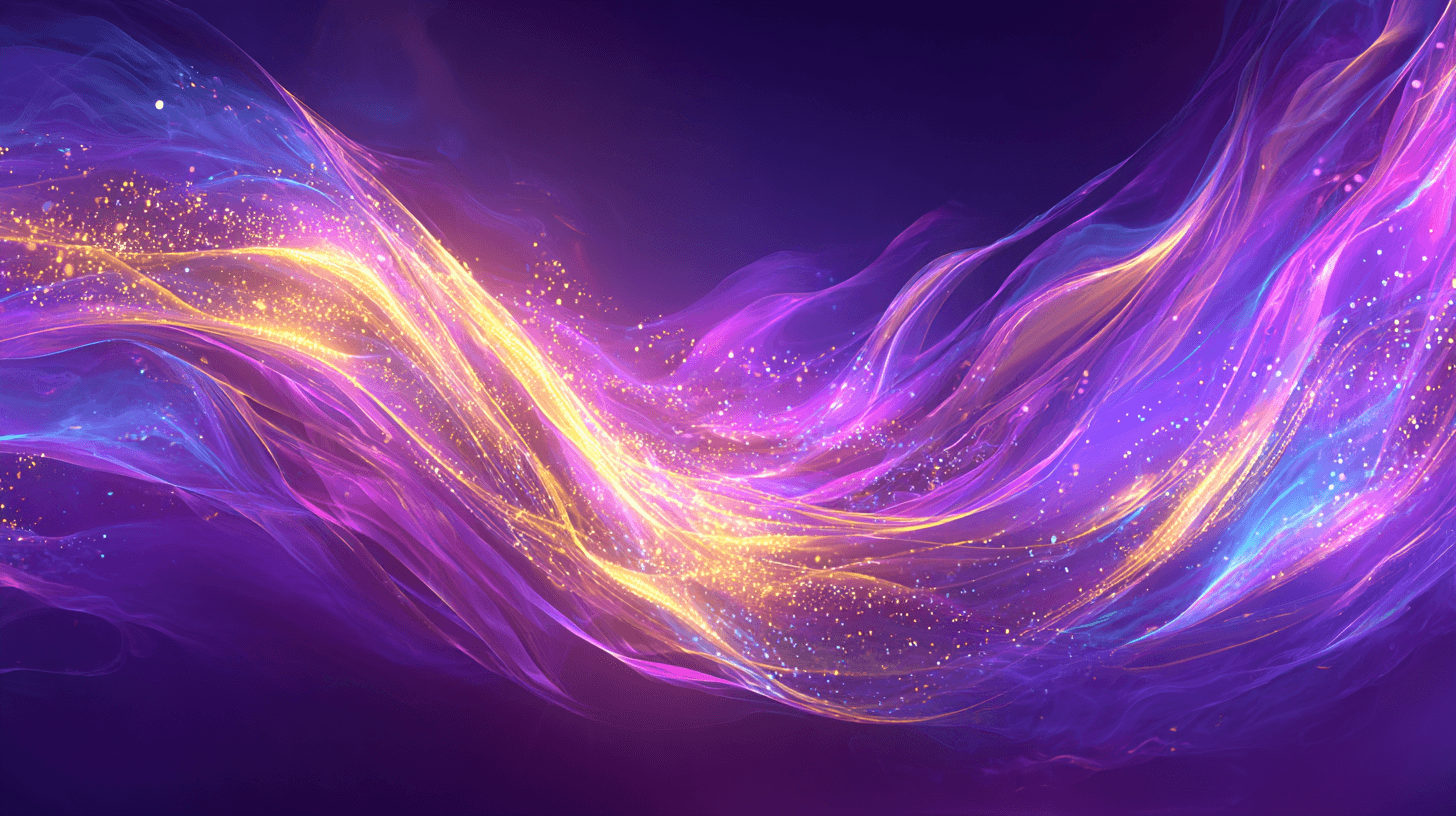 Abstract flowing ribbons of gold and purple light symbolising the movement of Qi energy through the body