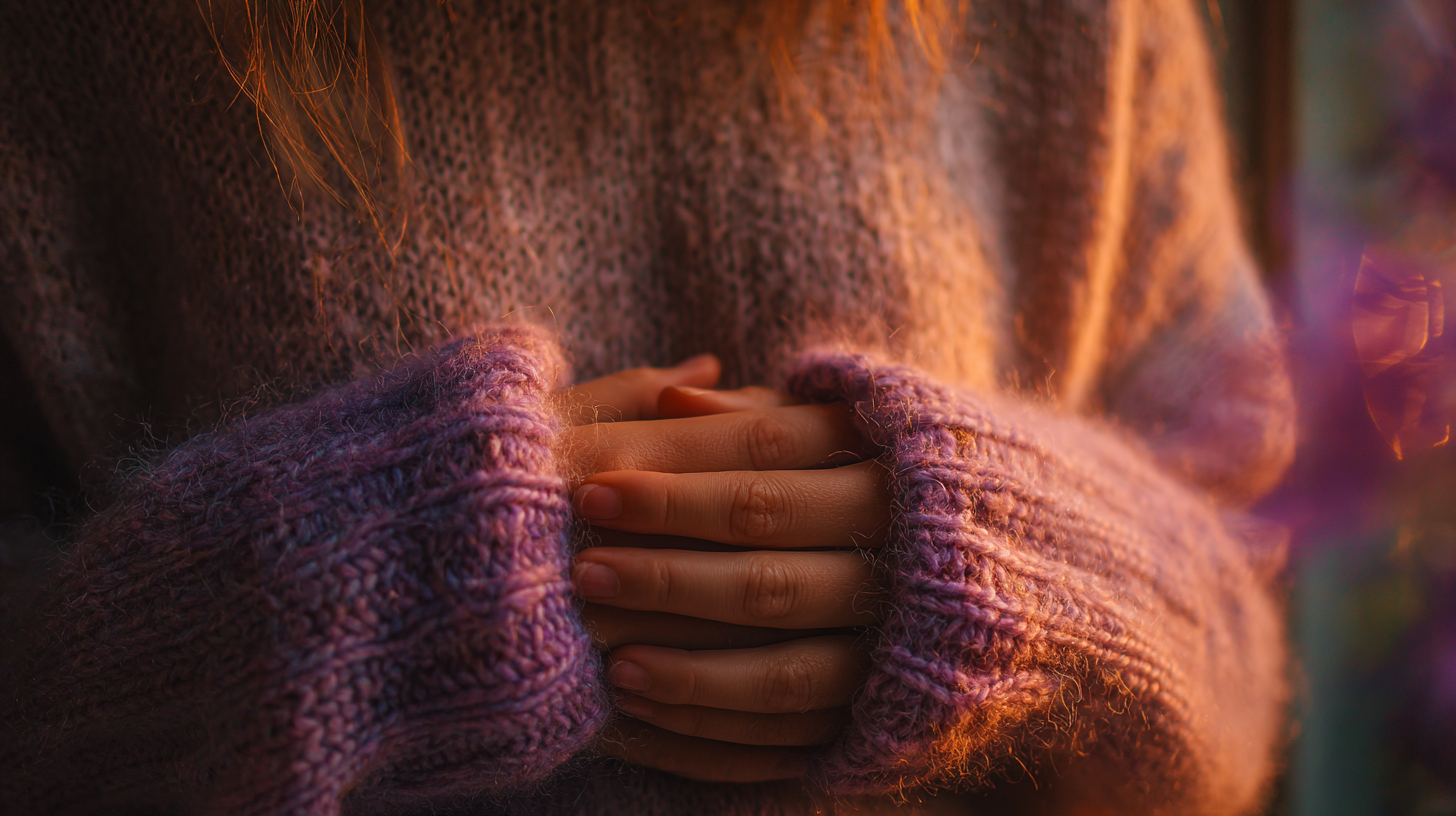 Woman with her hands gently resting on her lower belly during the two week wait after IVF, wearing soft purple knitwear, warm natural light