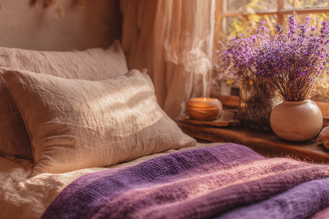 A calm bedroom corner with soft linen pillows, a dusty purple throw, dried lavender and a candle, evoking the quiet rest needed during the two week wait after IVF