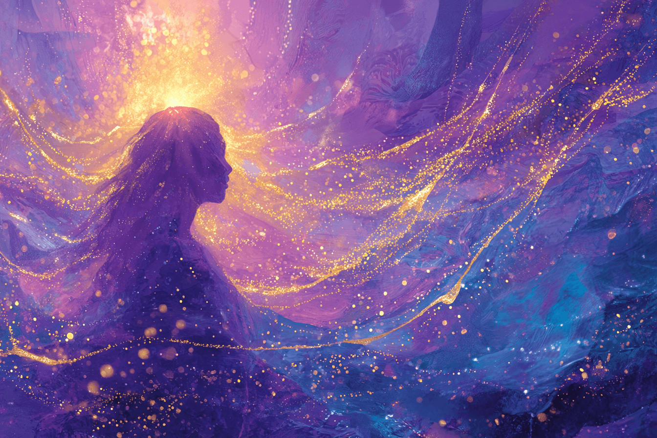 Silhouette of a woman with rivers of golden energy flowing through her body, illustrating the concept of Qi in Traditional Chinese Medicine