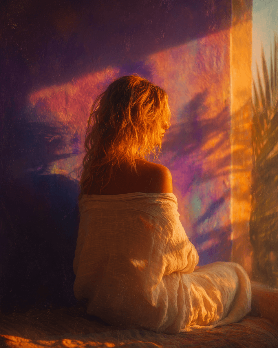 Woman wrapped in soft cream linen sitting in warm golden light, representing the calm of recognition and rest in Traditional Chinese Medicine