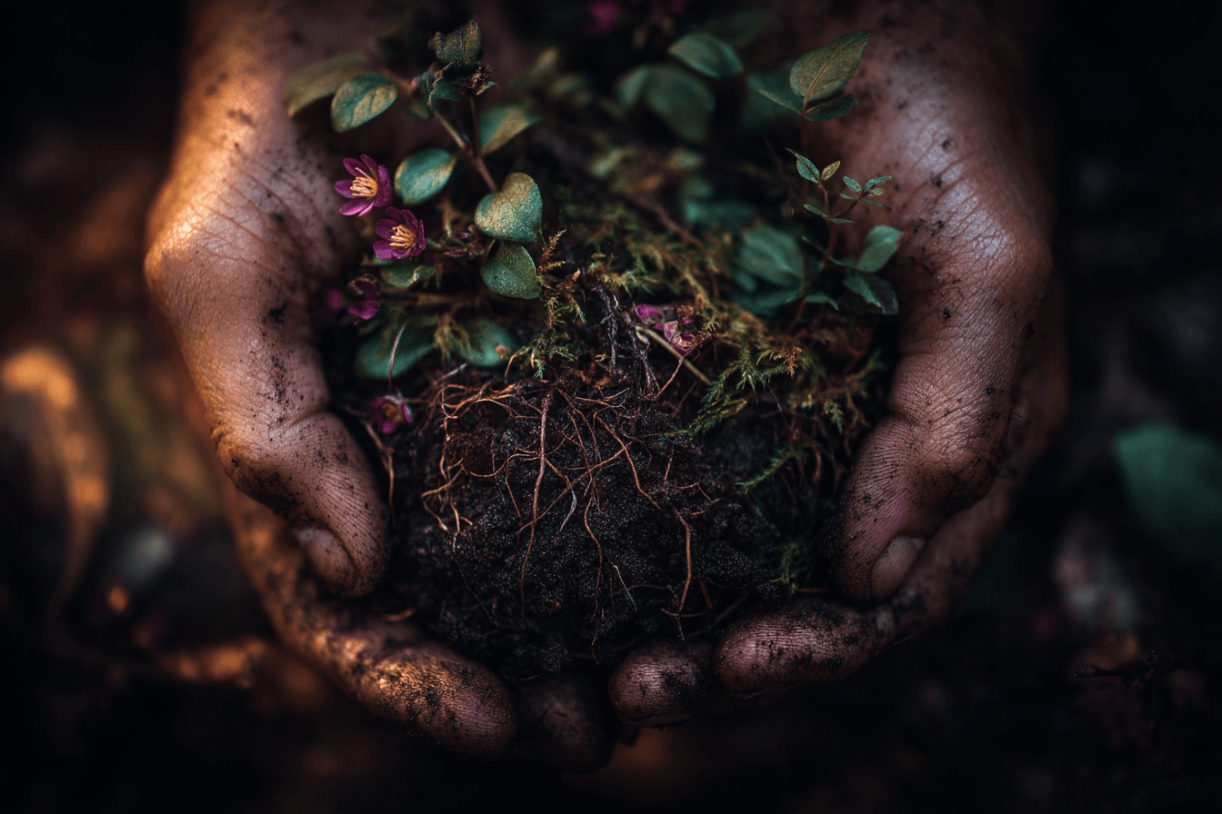 Hands holding dark soil with small living roots, a grounding image of connection to the earth