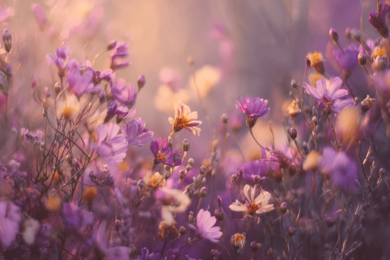 Macro photograph of delicate wildflowers in soft natural light
