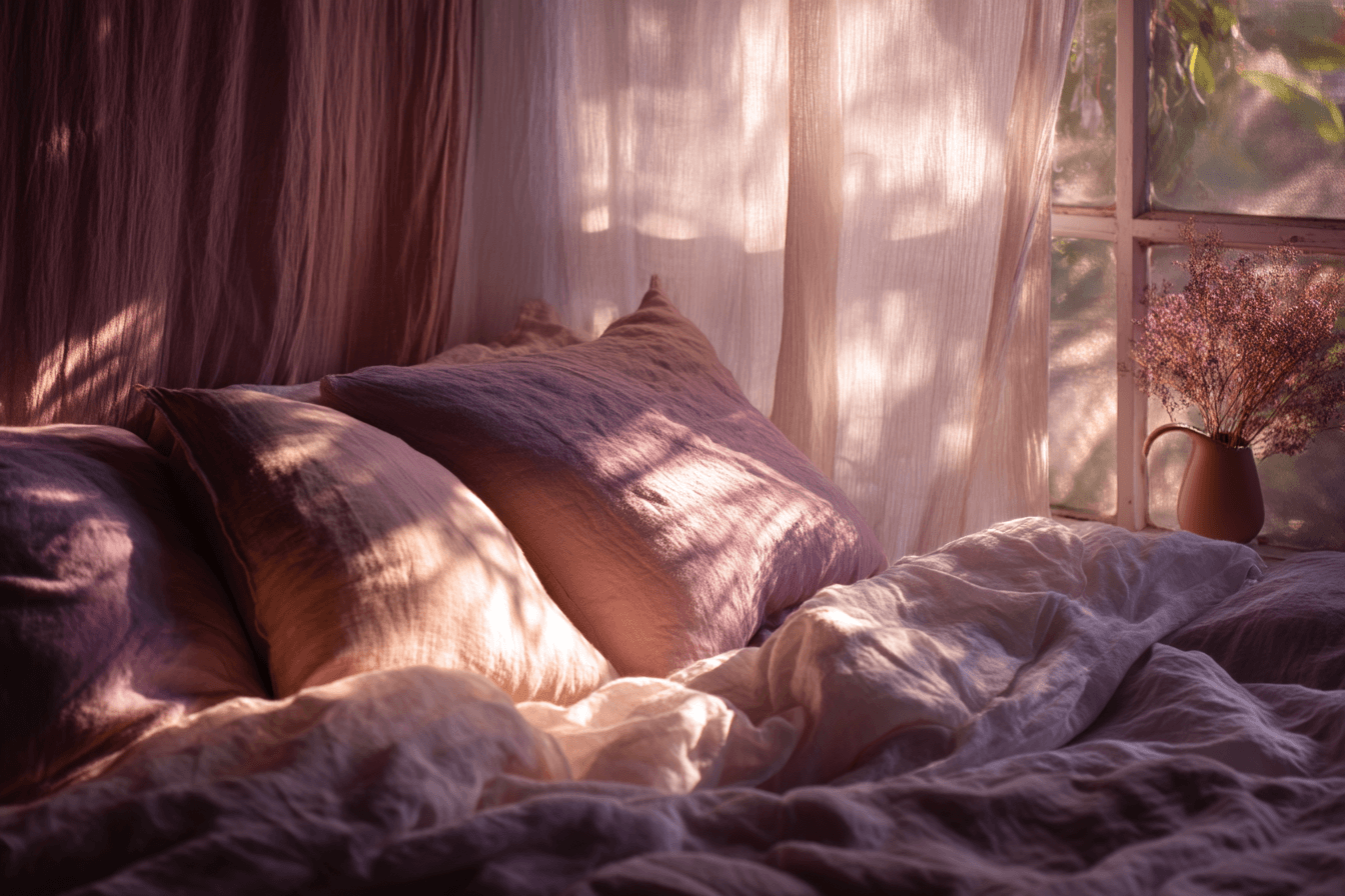 A peaceful bedroom scene in soft morning light with linen bedding, evoking rest and restoration