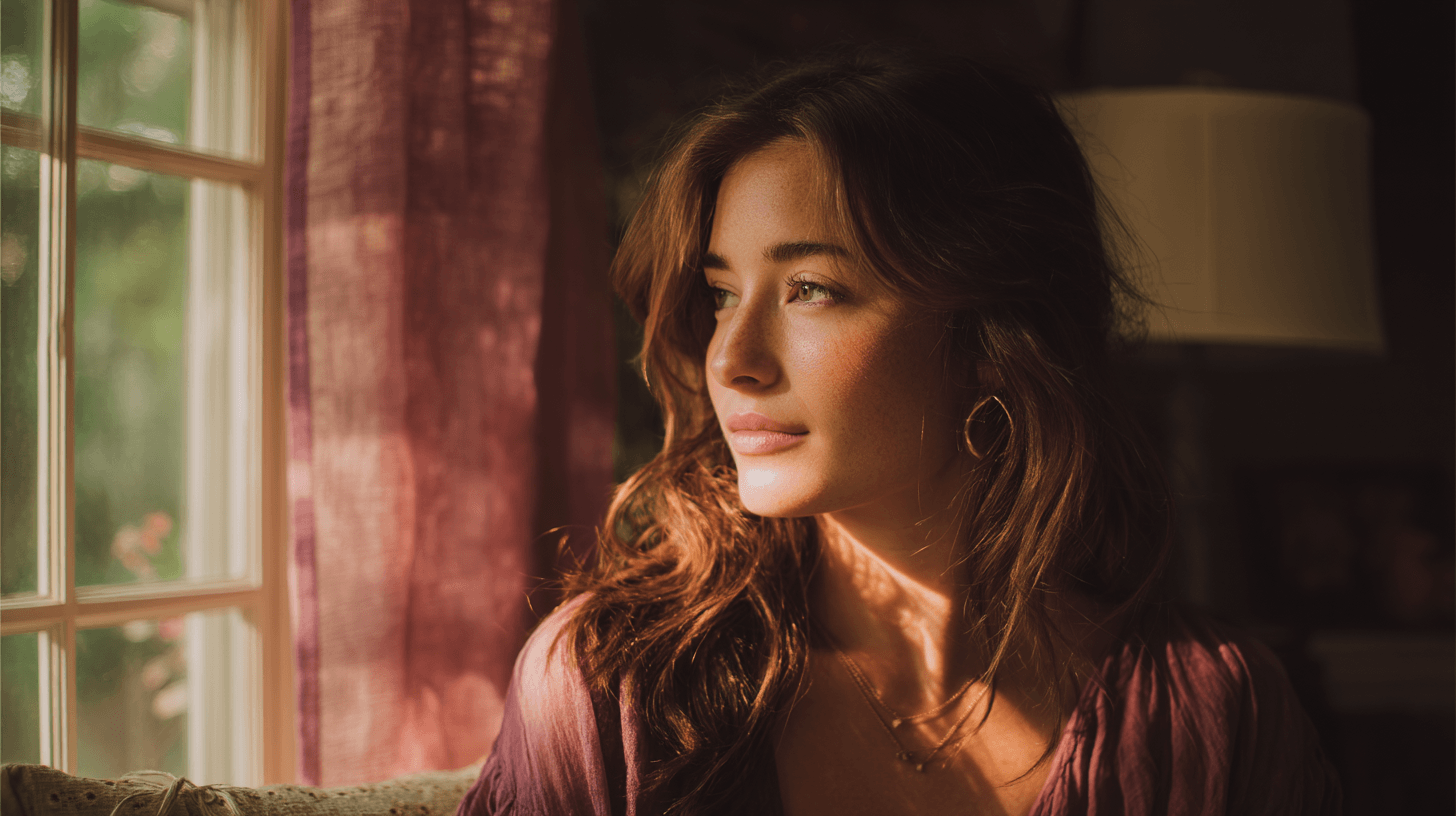 A woman sitting quietly by a window in soft natural light, looking still and contemplative