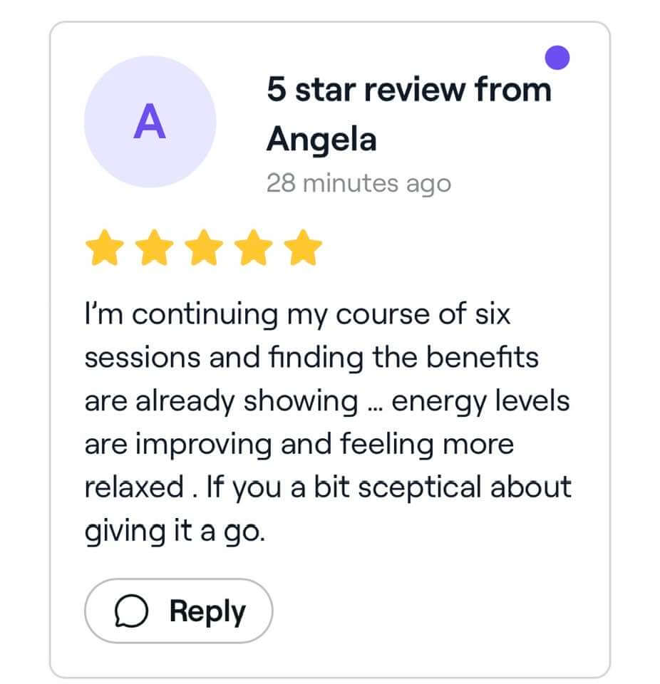 5-star review from Angela praising her ongoing 6-session acupuncture course, noting improvements in energy levels and relaxation, and encouraging others to try acupuncture.