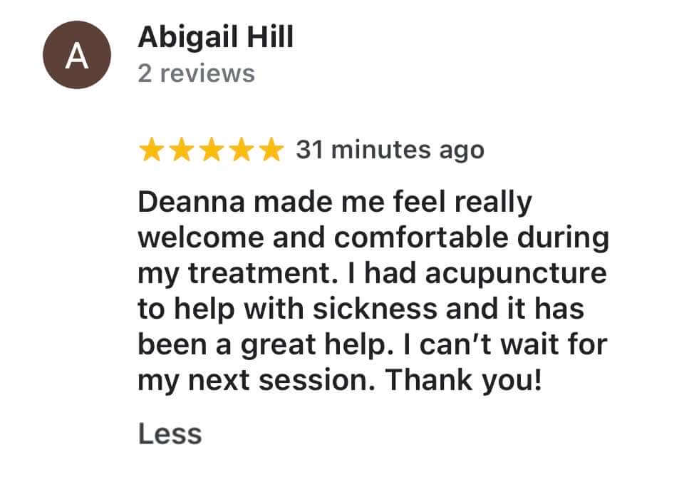 Client review for Deanna Thomas Acupuncture in Middlesbrough, praising effective treatment for morning sickness and a welcoming, comfortable experience.