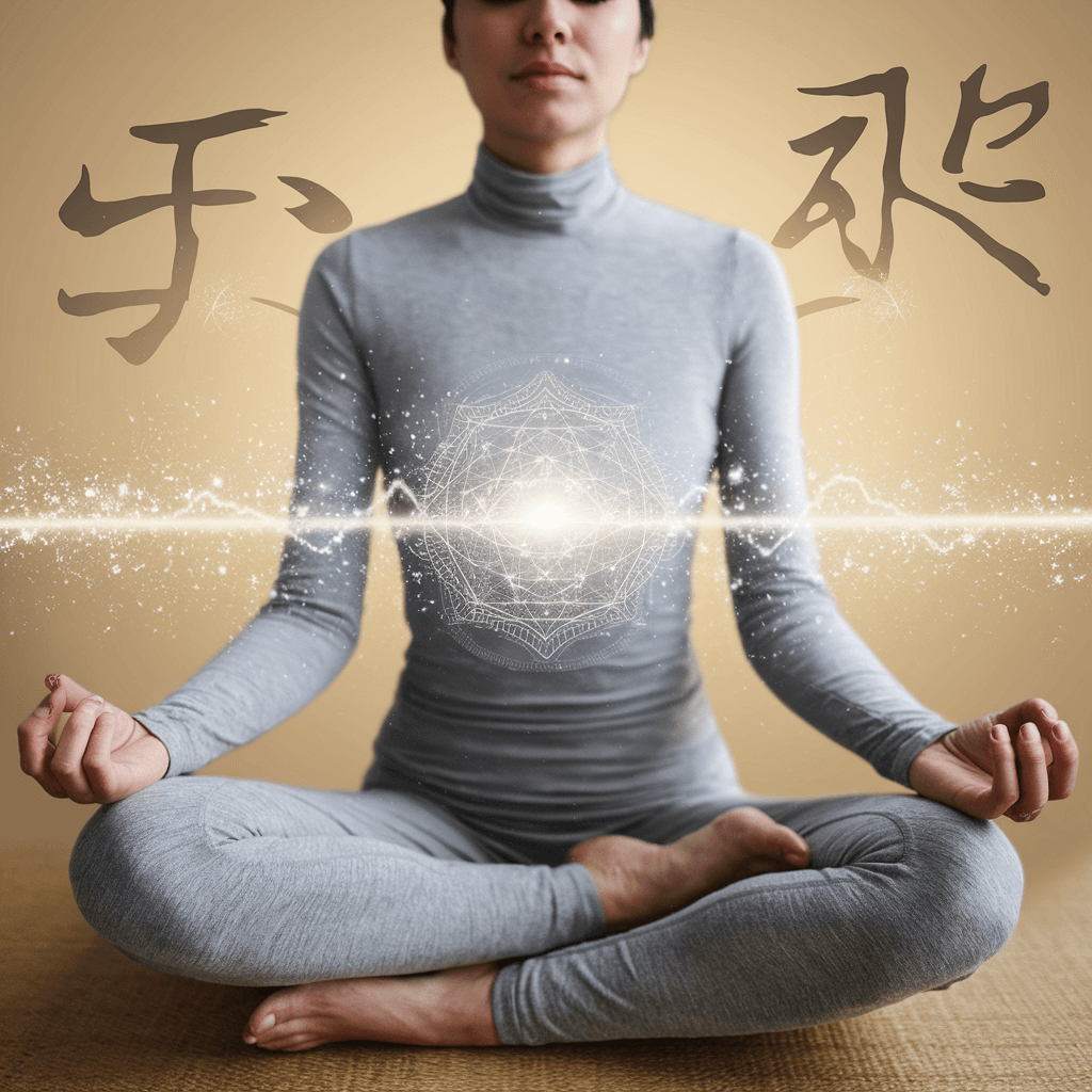 “Serene figure meditating with swirling energy and Chinese calligraphy, illustrating tips for setting intentions and embracing acupuncture for holistic well-being.”