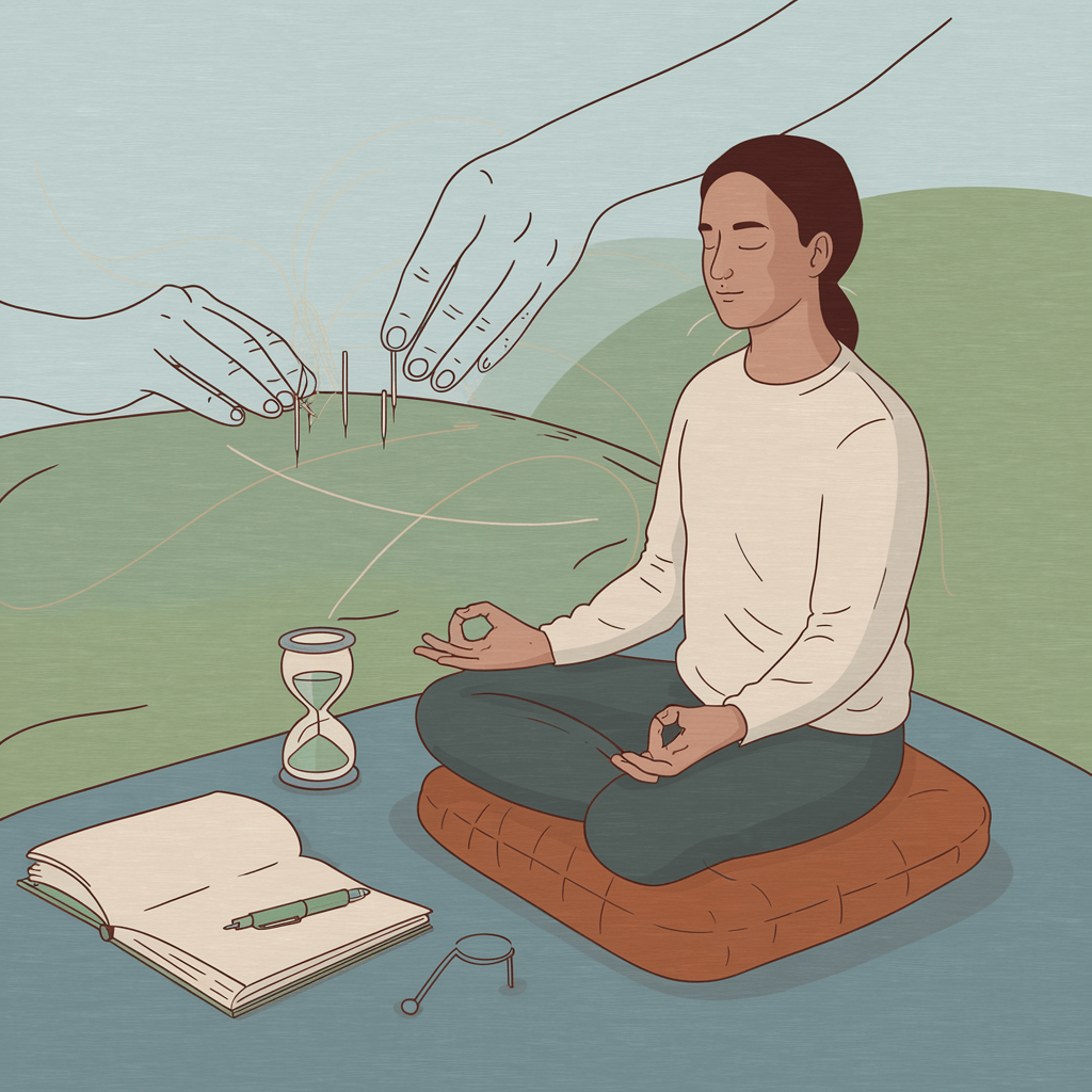 “Serene figure seated in meditation, receiving acupuncture, symbolizing the balance of body and mind in achieving sustainable wellness goals.”