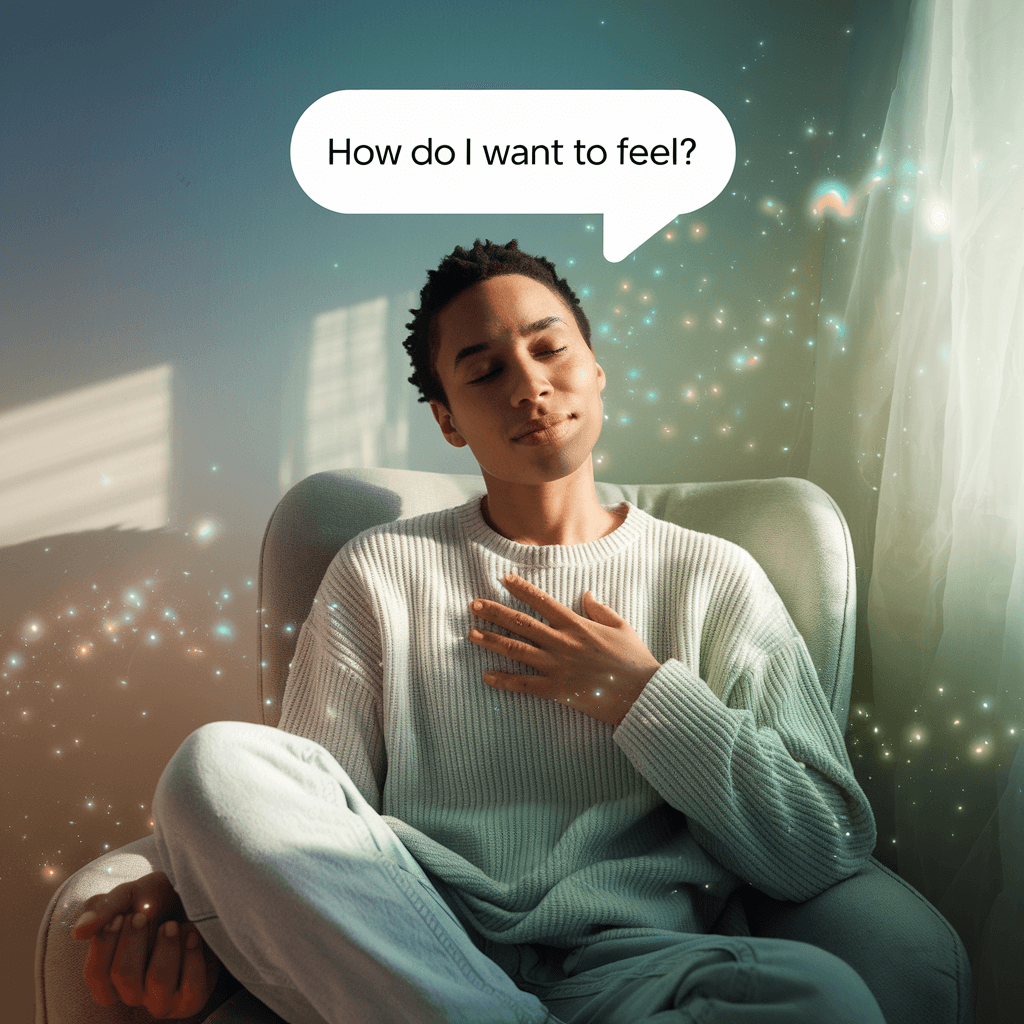“Person seated with eyes closed and hand on heart, pondering ‘How do I want to feel?’ to emphasize mindful New Year’s intentions and holistic well-being.”