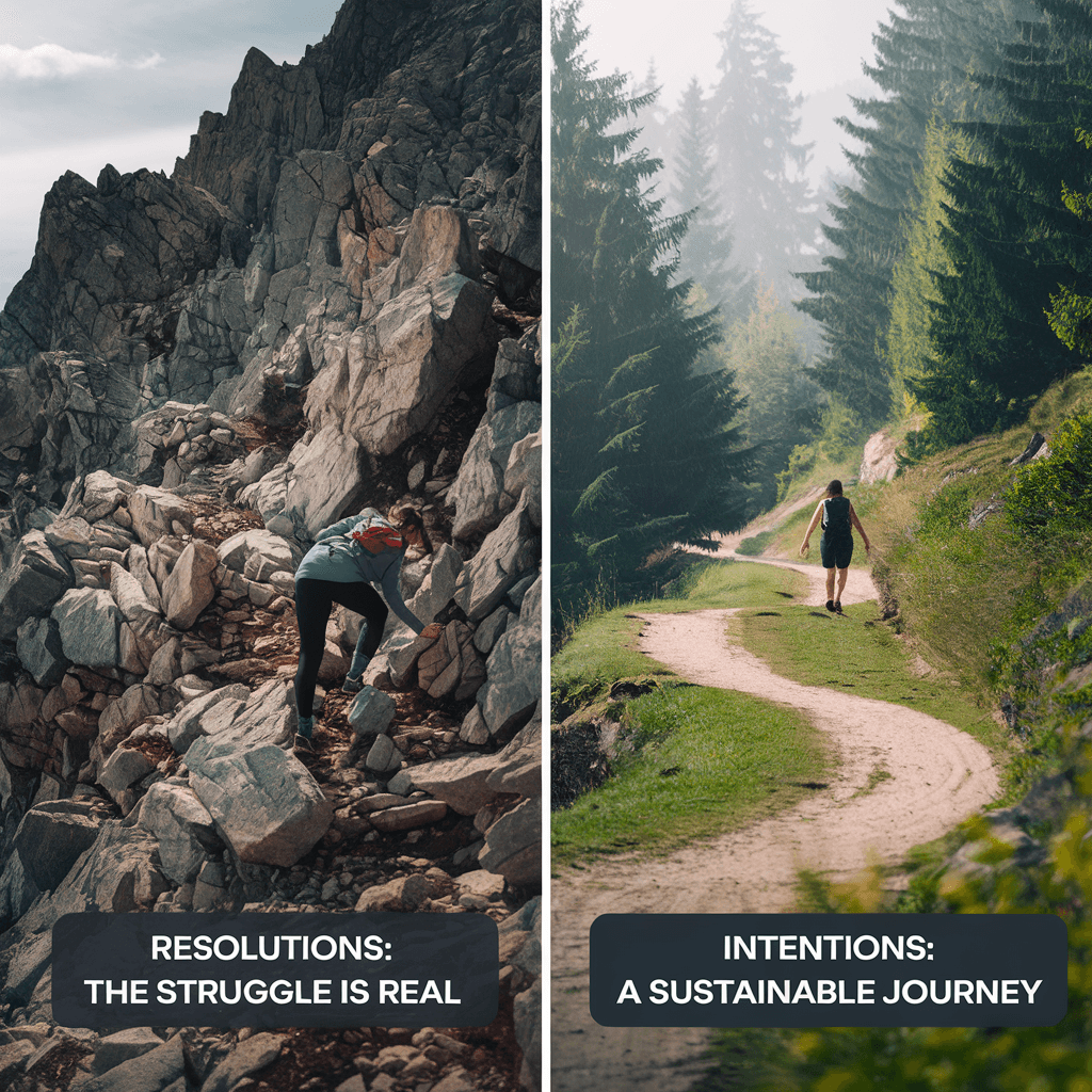 “Side-by-side comparison: one woman climbing rugged terrain labeled ‘Resolutions: The Struggle Is Real’ and another on a forest trail labeled ‘Intentions: A Sustainable Journey.’”