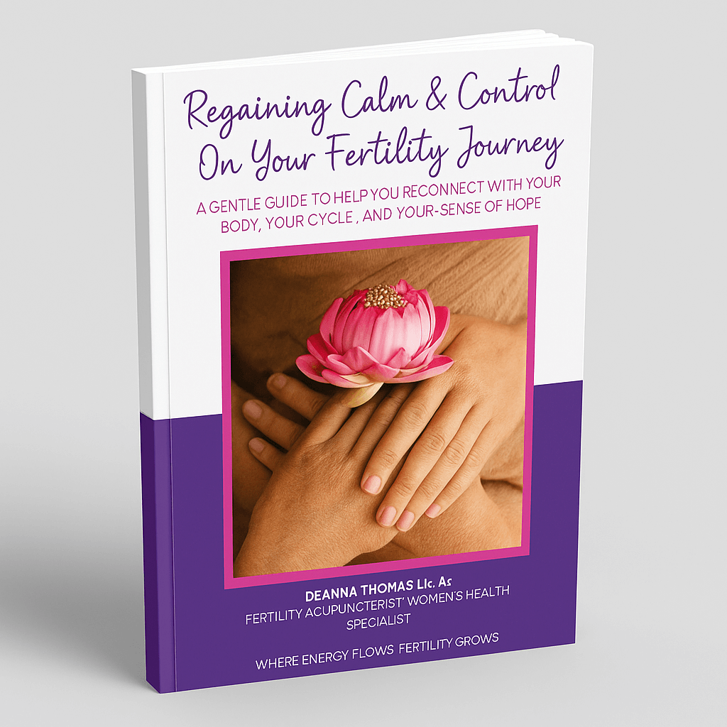 3D mock-up of the free fertility guide “Regaining Calm & Control on Your Fertility Journey,” showing a standing book and tablet with a lotus flower cover symbolising calm, balance, and hormonal support.
