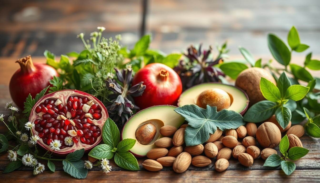 A serene composition featuring an array of natural fertility-boosting remedies, including fresh herbs like raspberry leaf and nettle, vibrant fruits such as pomegranates and avocados, and wholesome nuts like almonds and walnuts, artfully arranged on a rustic wooden table, with soft natural lighting highlighting the textures and colors, surrounded by delicate wildflowers and green leaves for a calming and organic vibe.
