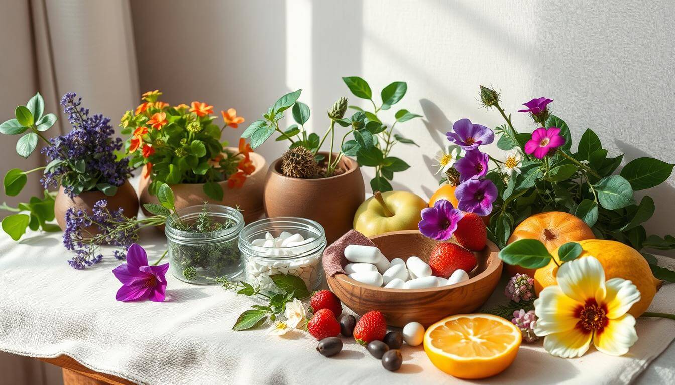A serene and harmonious setting featuring a variety of natural conception aids, such as vibrant herbal plants, a wooden bowl with organic supplements, fresh fruits, and flowers that symbolize fertility, all arranged artfully on a soft, textured linen cloth. Soft natural lighting enhances the colours, creating a peaceful atmosphere that evokes a sense of wellness and vitality.