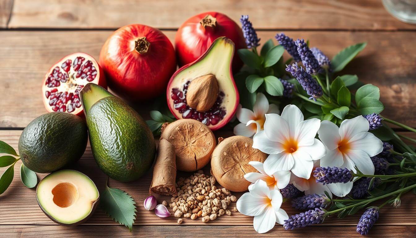 A serene arrangement of natural fertility boosters, featuring fresh fruits like pomegranates and avocados, herbal remedies such as maca root and red clover, alongside flowers like peonies and lavender, all beautifully displayed on a rustic wooden table with soft natural lighting.
