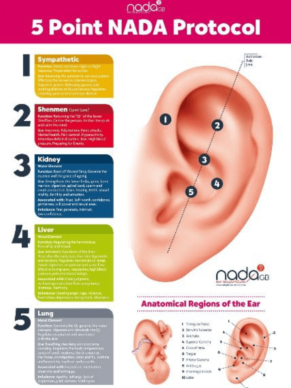 NADA five-point ear acupuncture chart at Deanna Thomas clinic Middlesbrough