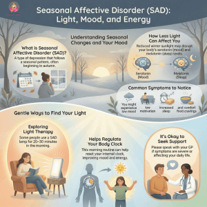 Infographic explaining Seasonal Affective Disorder, winter low mood, and the role of light exposure.