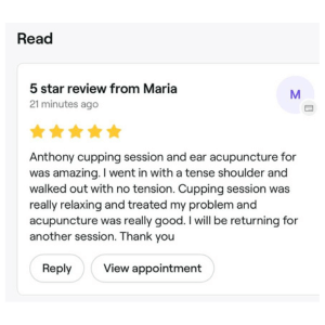 Five-star client review for Anthony describing relief from shoulder tension after cupping and ear acupuncture
