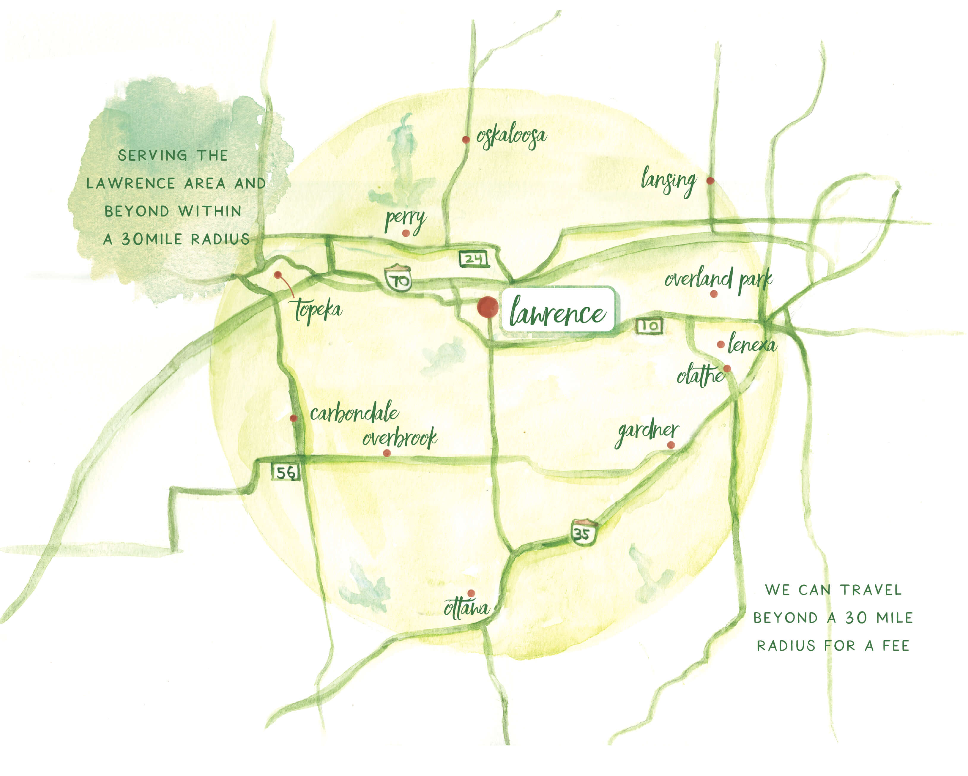 map showing the Lawrence Kansas service area of Eco Nesting Co.