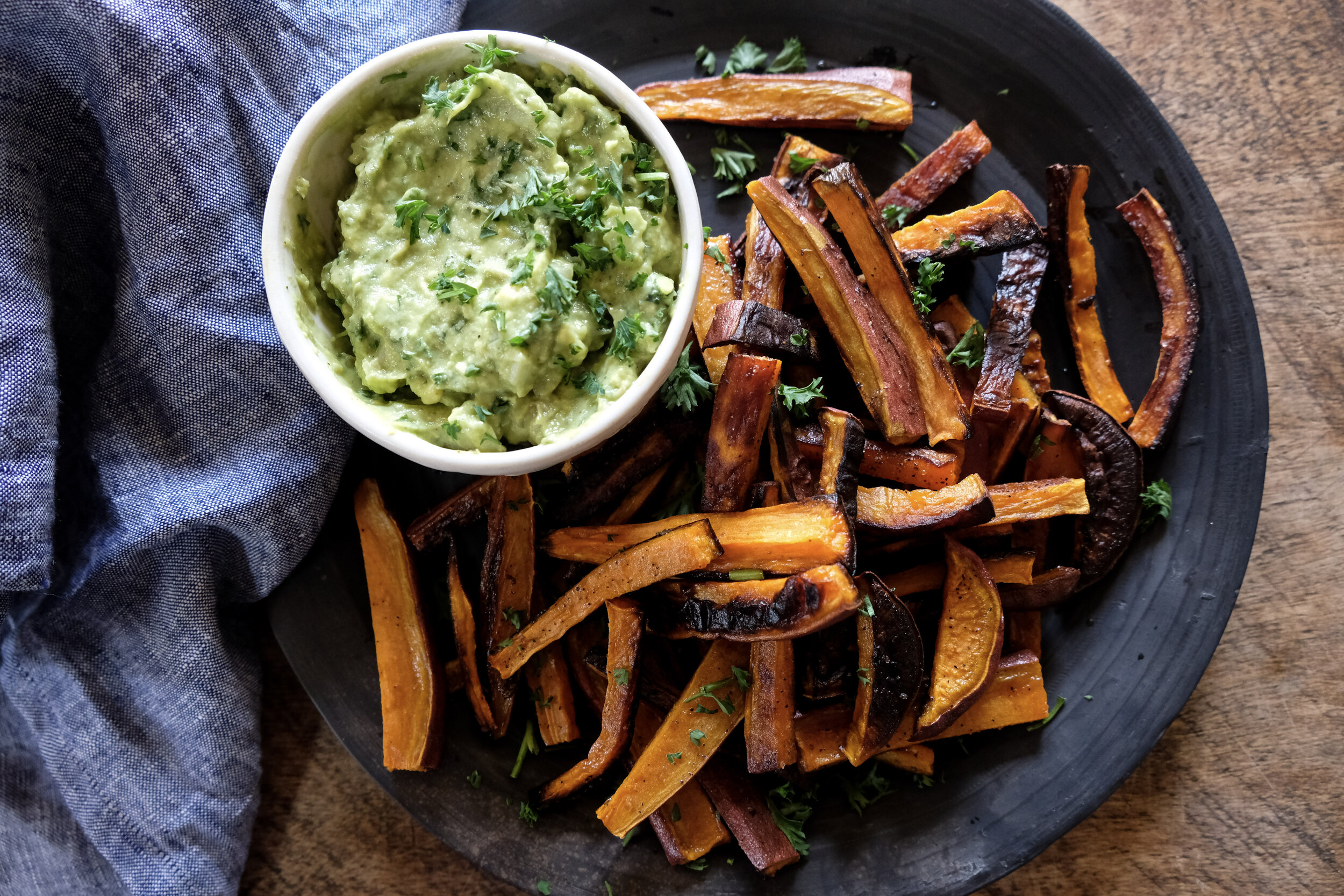 served with oven baked sweet potato fries