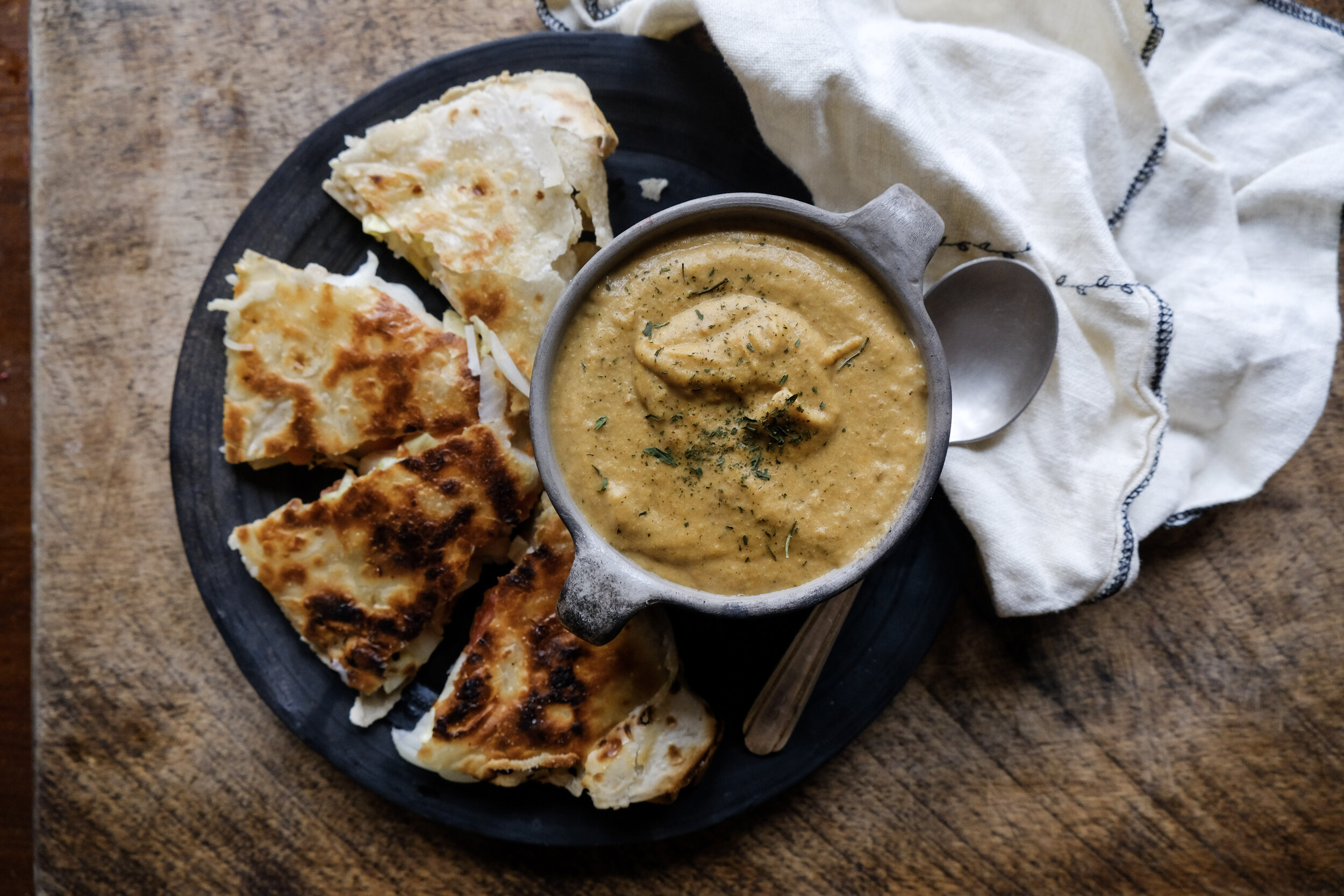 Soup or Veggie Sauce as a soup served with a kimchi quesadilla (made with Food for Life brown rice tortilla amp;amp; Daiya mozzarella shreds) - dip the queso right in that creaminess!! Om nom nom.
