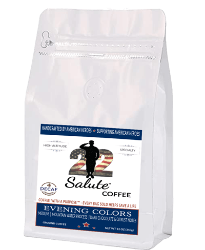 22 Salute Cofee Evening Color Decaf MWP, Medium Roast, Specialty Arabica Coffee, 12oz bag, Ground - Monthly Coffee Subscription