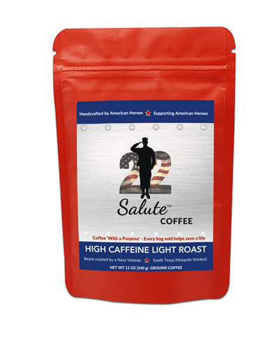 22 Salute Coffee, Texas Mesquite Smoked, High Caffeine Light Roast, Specialty Arabica Coffee, 12oz bag, Ground
