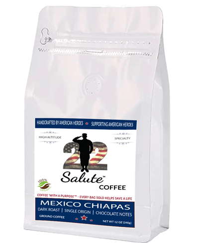 22 SALUTE COFFEE MEXICO CHIPAS, DARK ROAST, ORGANIC SPECIALTY ARABICA COFFEE, 12OZ BAG, GROUND