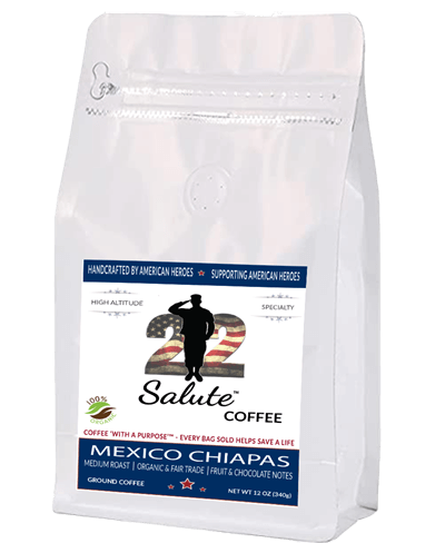 22 SALUTE COFFEE MEXICO CHIPAS, MEDIUM ROAST, ORGANIC SPECIALTY ARABICA COFFEE, 12OZ BAG, GROUND