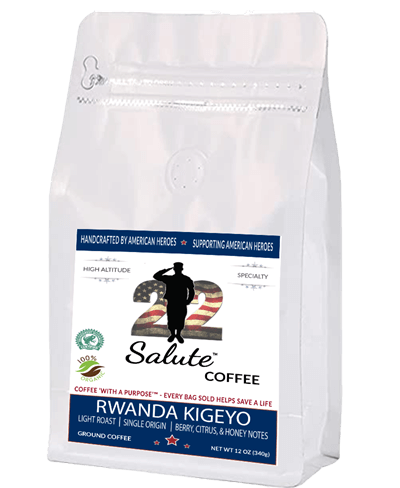 22 SALUTE COFFEE RWANDA KIGEYO, LIGHT / MEDIUM ROAST, ORGANIC SPECIALTY ARABICA COFFEE, 12OZ BAG, GROUND