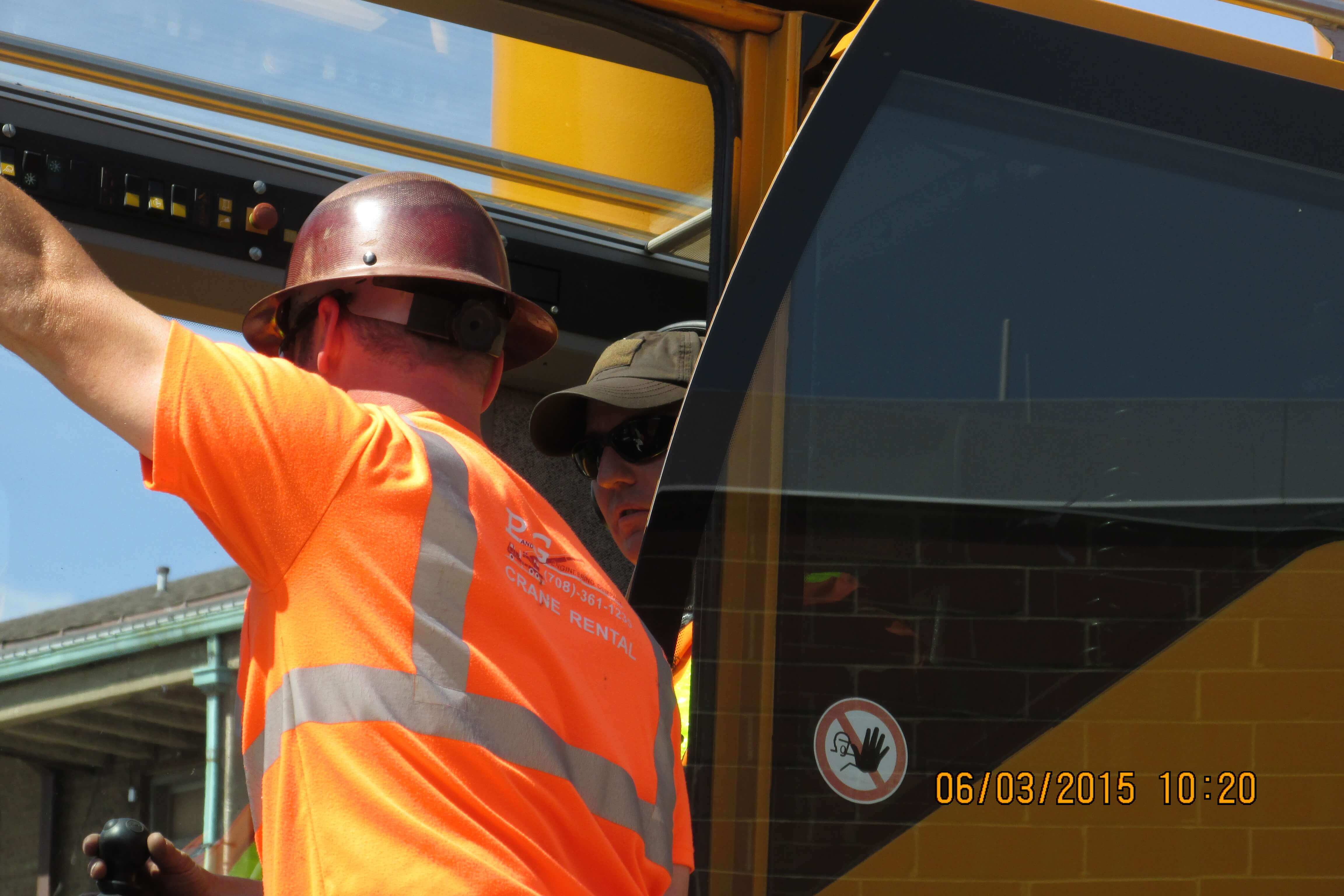 Close up of two operators talking.